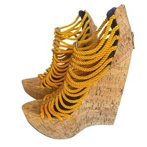 London Trash Yellow Rope  High Wedge Heels Sexy Runway Sz 10